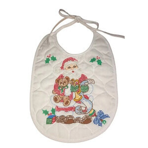 CHILD'S BIB Handmade Christmas Santa Embroidered Cross Stitch Quilted w/Ties